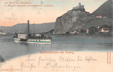 Schreckenstein bei Aussig (Ústí nad Labem) An Bord des Dampfers Postkarte AK