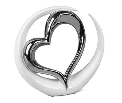 701787 Deko-Objekt Kreis mit Herz Weiss-Silber 23cm aus glasierter Keramik (Gr. 23cm)