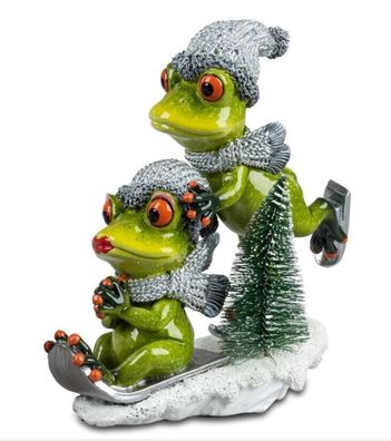 716897 Frosch Winterfrosch Paar mit Mütze & Schal hellgrün 17x18cm Kunststein