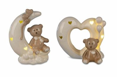 703170 Teddybär LED auf Mond oder Herz creme-braun 11cm aus Porzellan