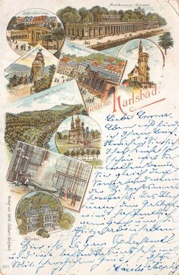 Gruss aus Karlsbad Mühlbrunnen-Colonade Hirschsprung Postkarte AK 1899