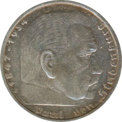 Drittes Reich 5 Mark 1935 F Paul von Hindenburg Silber*