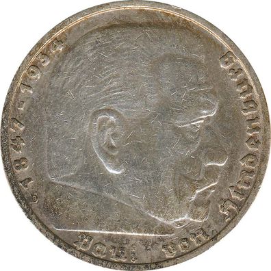 Drittes Reich 5 Mark 1935 D Paul von Hindenburg Silber*