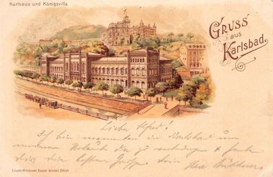 Gruss aus Karlsbad Kurhaus und Königsvilla Postkarte AK 1898