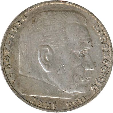 Drittes Reich 5 Mark 1936 D Paul von Hindenburg Silber*