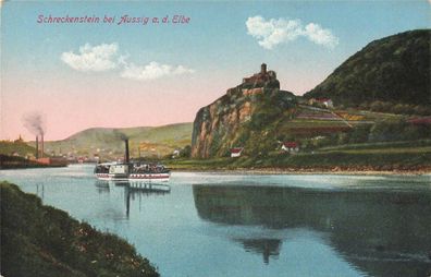 Schreckenstein bei Aussig Partie an der Elbe mit Dampfer Böhmen Postkarte AK