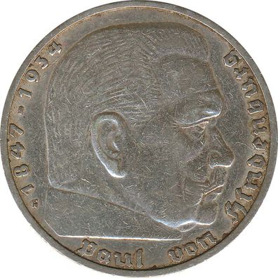 Drittes Reich 5 Mark 1936 G Paul von Hindenburg Silber*