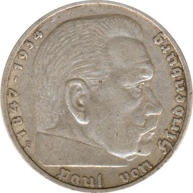 Drittes Reich 5 Mark 1936 F Paul von Hindenburg Silber*