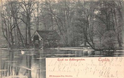 Teich im Schlossgarten Teplitz (Teplice) Postkarte 1898