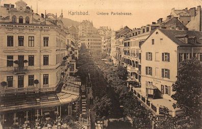 Straßenansicht Untere Parkstraße Karlsbad Böhmen Mähren Postkarte AK 1913