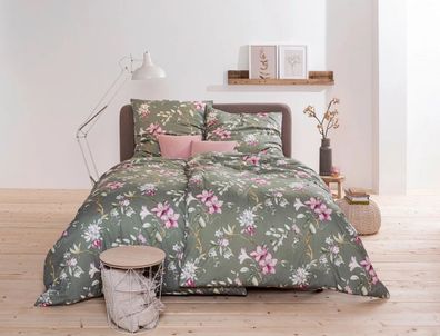 Estella Samt + Seide Flanell Bettwäsche 135x200 Lavarone oliv Blüten 5433-540