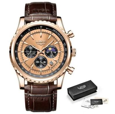 Original LIGE Herren Edelstahl Chronograph Quarzuhr LG8989B Rose-Gold-Black