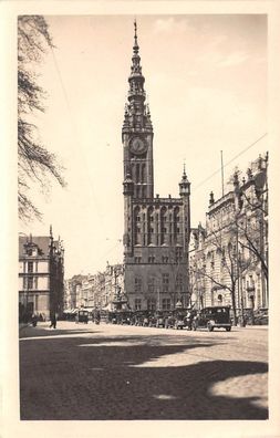 Danzig Rathaus, Strasse Autos Foto Postkarte