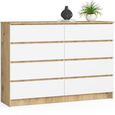 Kommode AKORD K140 Eiche Artisan 138 cm 8 Schubladen Front Weiß B138 x H99 x T40 cm