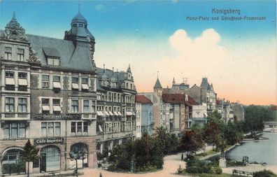 Café, Münz-Platz und Schlossteich-Promenade Königsberg Ostpreussen Postkarte AK