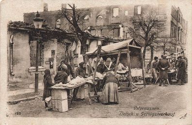 Fleisch und Geflügelverkauf in Ostpreussen Patriotika Postkarte AK 1918