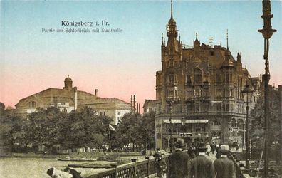 Königsberg i. Pr. Partie am Schloßteich mit Stadthalle Postkarte AK