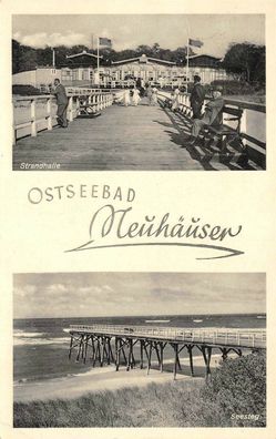 Ostseebad Neuhäuser Strandhalle Seesteg Postkarte AK 1940