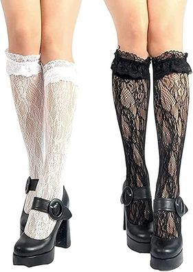 2 Paar Damen Kniestrümpfe Mädchen Spitze Netzstrümpfe Lolita Lose