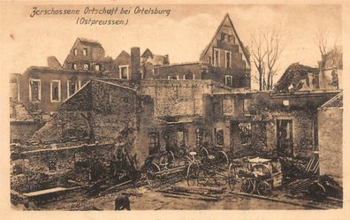 Zerschossene Ortschaft bei Ortelsburg (Ostpreussen) Postkarte AK