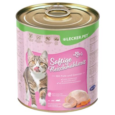 6 - 24 Stk. Lecker. Pet® Leo's Saftige Fleischmahlzeit mit Pute & Gemüse Katzenfutt