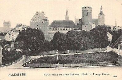 Allenstein Partie mit dem alten Schloss Kath. u. Evang. Kirche AK