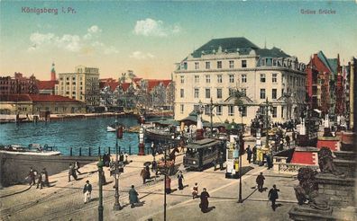 Grüne Brücke mit Straßenbahn in Königsberg Ostpreussen Postkarte AK