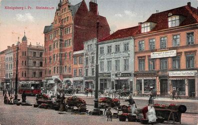 Königsberg i. Pr. Steindamm Berliner Markthalle Strassenbahn Postkarte AK