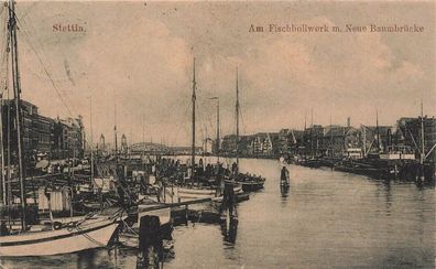 Am Fischbollwerk mit Neue Baumbrücke in Stettin Pommern Postkarte AK 1922