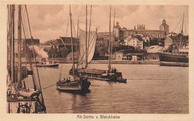 Bleichholm mit Dampfer Alt Stettin Szczecin Pommern Postkarte AK