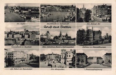 Gruß aus Stettin mit Provinzialregierung und Hafen Pommern Panorama-Postkarte AK