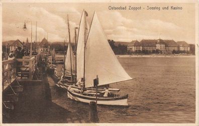 Ostseebad Zoppot Seesteg und Kasino Postkarte AK