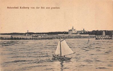 Ostseebad Kolberg von der See aus gesehen Postkarte AK