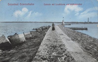 Ostmole, Leuchtturm und Wellenbrecher Osternothafen Pommern Postkarte AK 1912