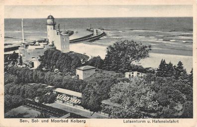 See-, Sol- und Moorbad Kolberg Lotsenturm u. Hafeneinfahrt Postkarte AK 1933