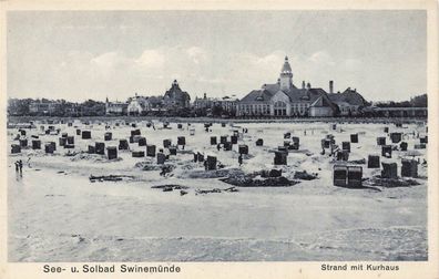 See- u. Solbad Swinemünde (Swinoujscie) Strand mit Kurhaus Postkarte AK