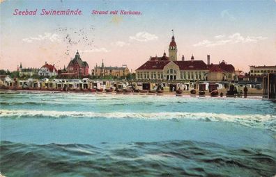 Strand mit Kurhaus in Seebad Swinemünde Pommern Postkarte AK 1916