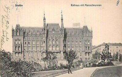 Ansicht Stettin Rathaus mit Manzelbrunnen Postkarte