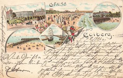 Kaiserplatz und Hafen Einfahrt in Kolberg Pommern Litho Postkarte AK 1901