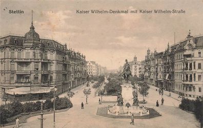 Kaiser Wilhelm-Denkmal mit Kaiser Wilhelm-Straße Stettin Pommern AK 1918