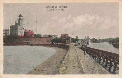 Lotsenturm mit Mole im Ostseebad Kolberg Pommern Postkarte AK 1913