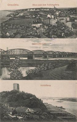 Schlossberg, Weichselbrücke und Festungsberg Graudenz Pommern Postkarte AK 1916