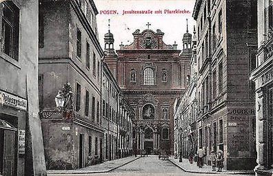 Posen Jesuitenstrasse mit Pfarrkirche Geschäfte, Laden Postkarte 1916