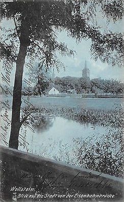 Wollstein Posen Blick auf die Stadt von Eisenbahnbrücke Postkarte 31.10.1908