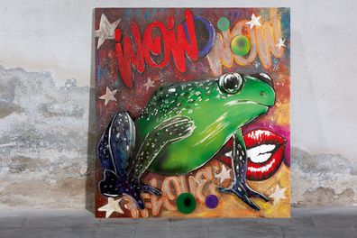 Gilde Bild, quadratisch, "Frosch", Froschmotiv, Mundmotiv, Graffiti, Holz, Leinwan