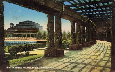 Pergola mit Blick auf die Jahrhunderthalle Breslau Schlesien Postkarte AK 1934