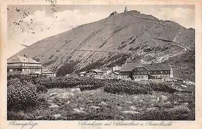 Riesengebirge Schneekoppe mit Schlesierhaus u. Riesenbaude Postkarte AK 1929