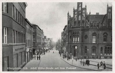 Straße mit dem Postamt in Königshütte Chorzów Schlesien Postkarte AK