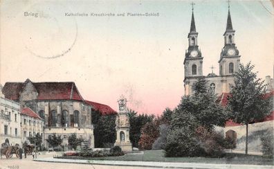 Brieg Schlesien Katholische Kreuzkirche und Piasten - Schloß Postkarte 1910