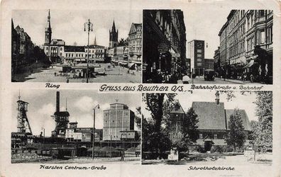 Gruss aus Beuthen O.S. Bahnhof und Centrum Grube Schlesien Postkarte AK